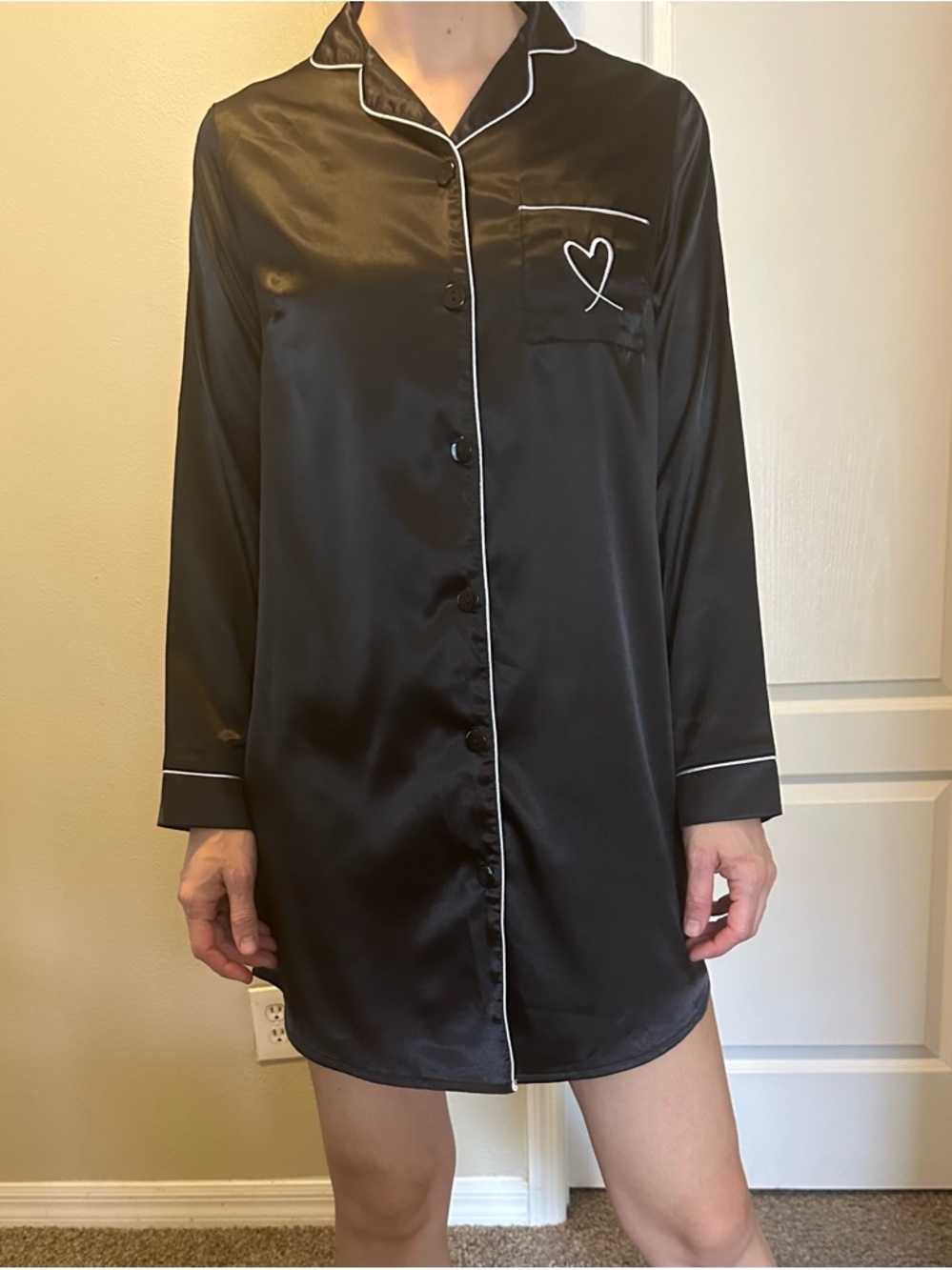 NWOT Black Satin Long-Sleeve Button-Front Nightshirt with Heart Pocket